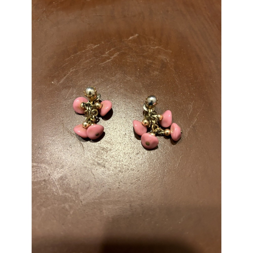 Vintage Pierced Earrings Pink Bead‎ Dangle